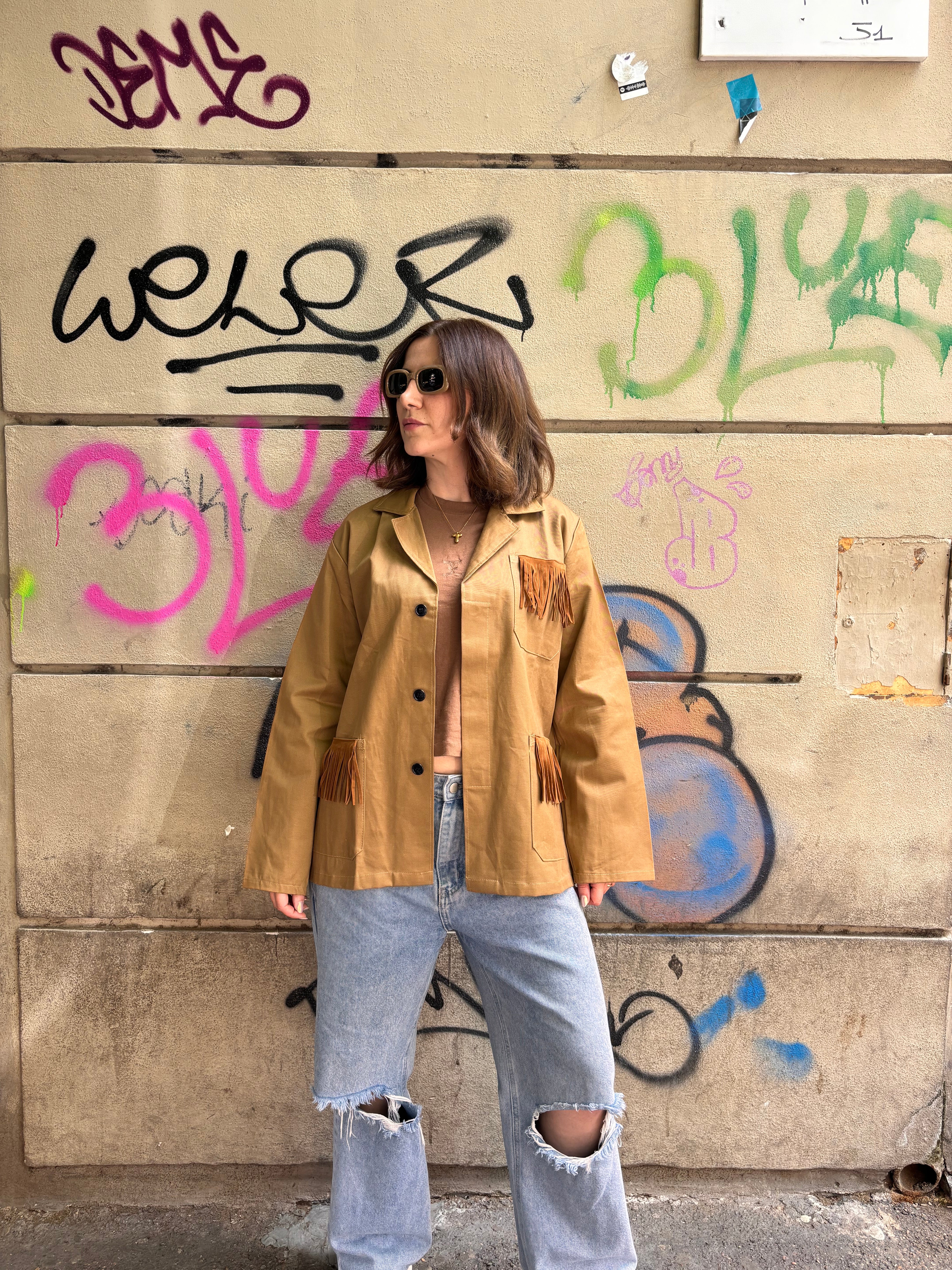 Giacca Mocha Oversize con Frange