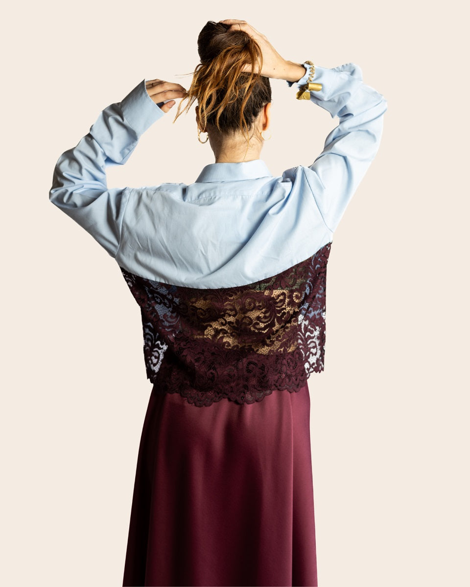 LIGHT BLUE SHIRT WITH BURGUNDY LACE